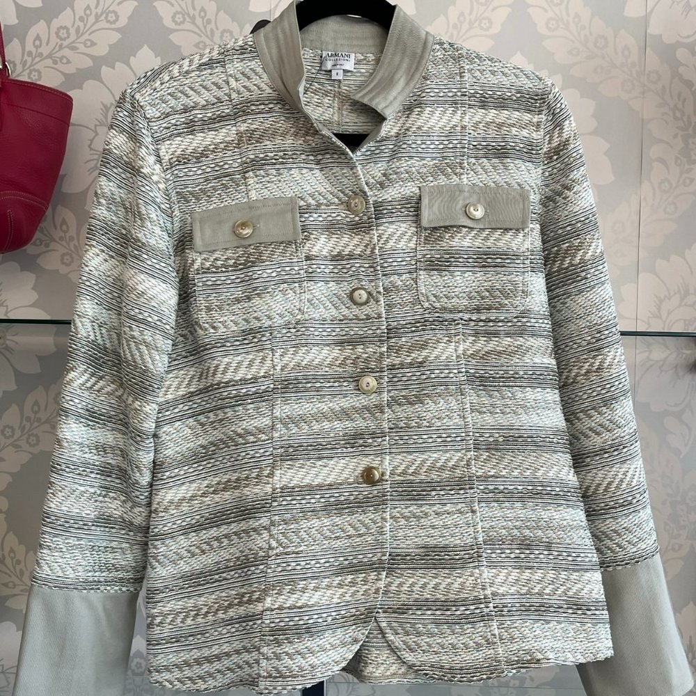 ARMANI COLLEZIONI Gray Striped Knit Button Front Blazer/Jacket